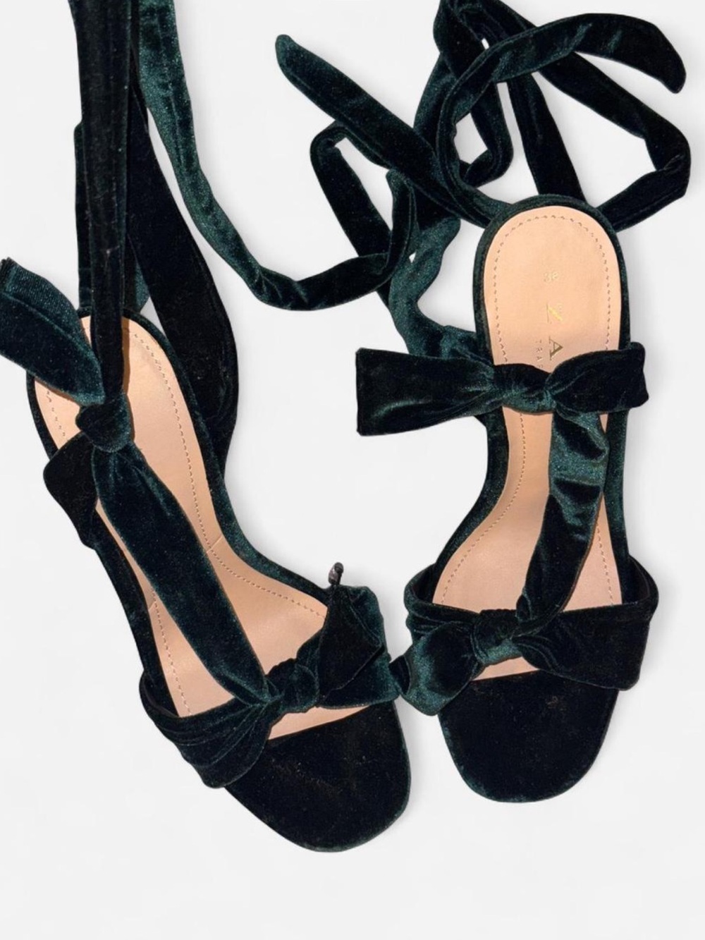 Zara Velvet Emerald Bow Lace-Up Heels